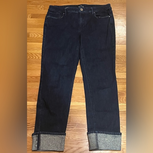 White House Black Market Denim - White House Black Market Slim Ankle Mid-Rise Jeans Gold Thread Rolled Cuffs Sz 8